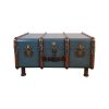 Super-Seat | The Authentic Models suitcase table, stateroom coffee table blue | Blue panels, dark brown leather, brass details, short wooden legs. | Hospitality Furniture