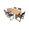 Super-Seat | Terrasset Klapptisch 220cm und Regiestühle | Houten tafel en vijf houten stoelen met donker textiel, op witte achtergrond. | Horecameubilair