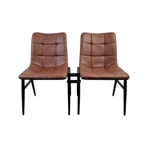 Super-Seat | Two armloss brown leather chairs with black metal table and legs, modern on white background. | Hospitality Furniture