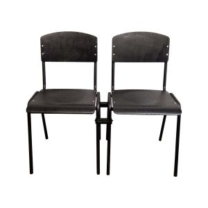 Super-Seat | Two black metal chairs with wooden seat/back, connected by metal clutch, white background. | Hospitality Furniture