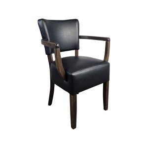 Super-Seat | Black hospitality chair with dark wood legs, armrest, curved rug & upholstered seat. | Hospitality Furniture