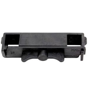 Super-Seat | Black, rectangular plastic seat clip with sliding mechanism and marking, on white. | Hospitality Furniture