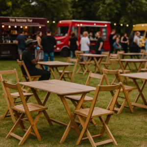 Super-Seat | Jazz Retro Hospitality Design Stapelstühle Samt Mokka | Bruine fluwelen stapelstoelen en tafels op gras, sfeervolle buiten setting. | Horecameubilair