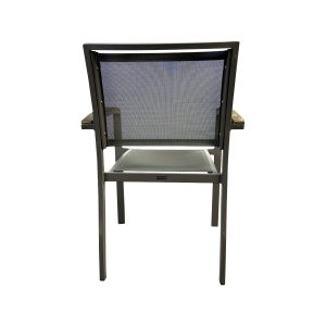 Super-Seat |Vento Vervoort Terrace Armchair Gray| Gray metal patio chair with mesh cloth/seat, wooden armrests, seen from behind. | Hospitality Furniture