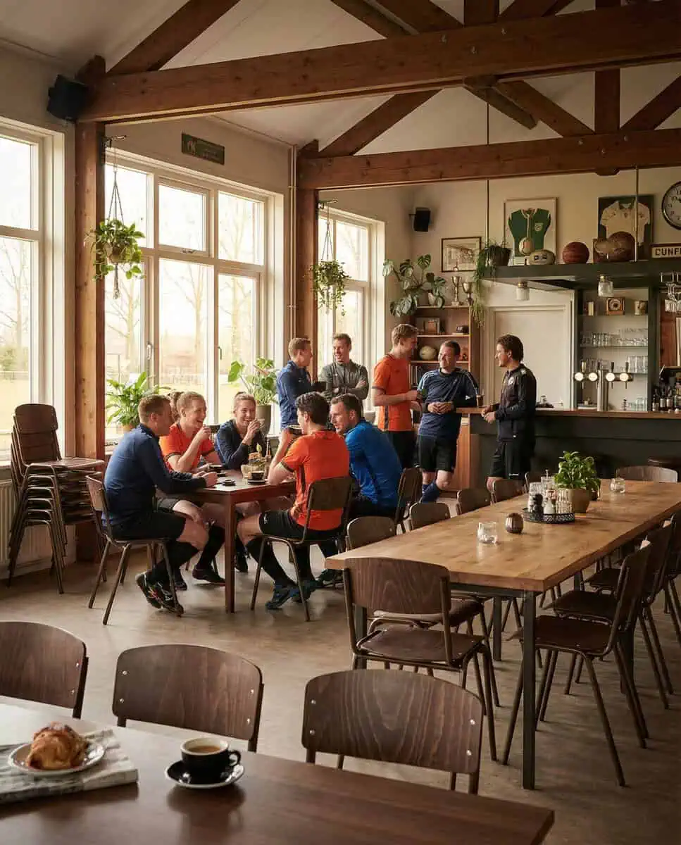 Super-Seat | Brown metal school chairs and tables in bright space with wood, plants, large windows. | Hospitality Furniture