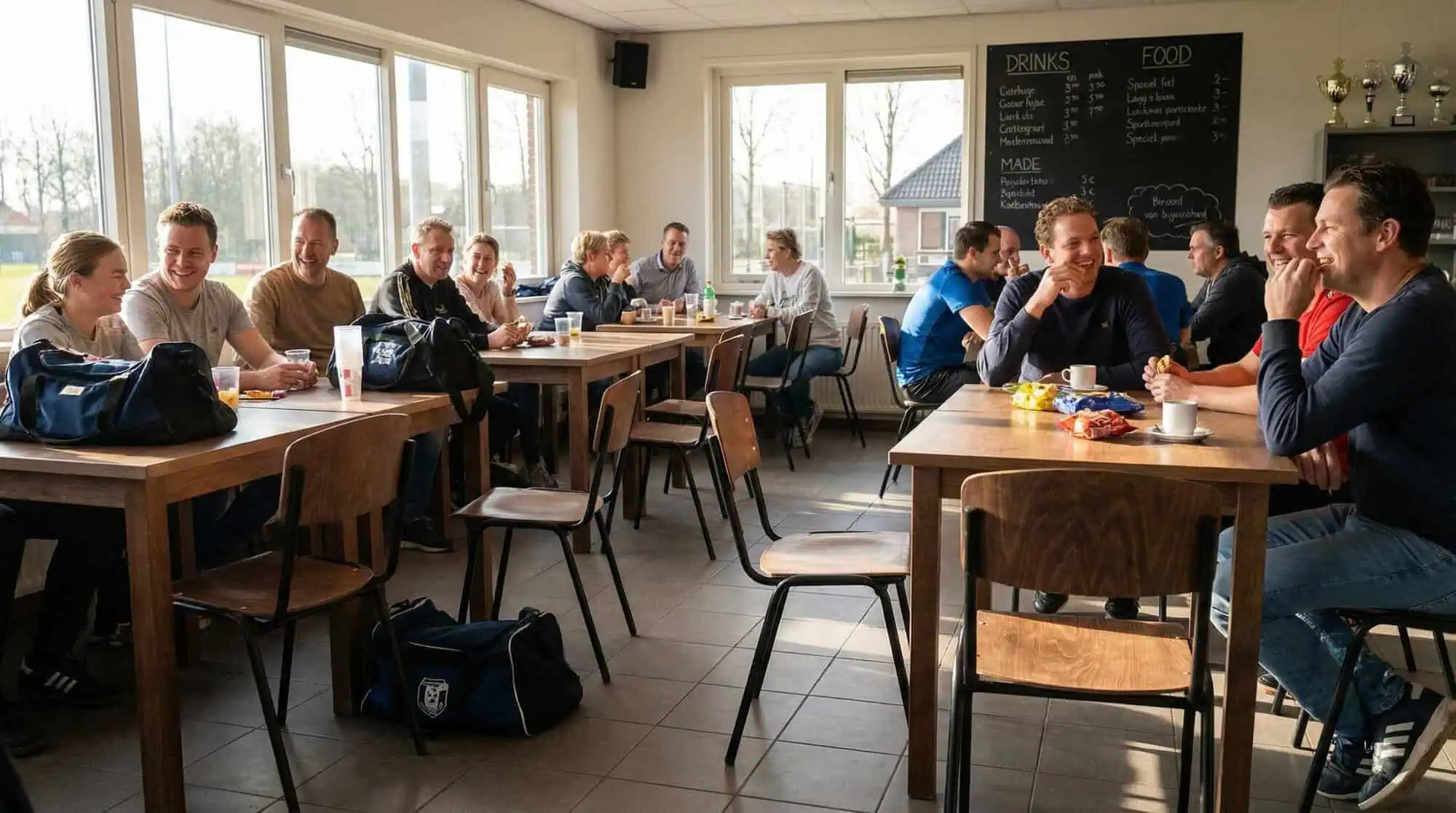 Super-Seat | Bruin eiken melamine tafelbladen 67x67cm Zwarte stoelen, bruin eiken tafels; gymtassen op de vloer, menubord aan de muur. | Horecameubilair