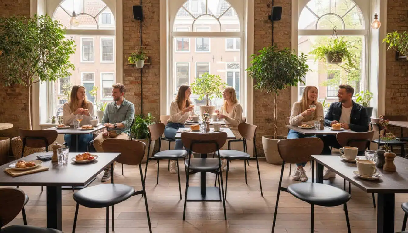Super-Seat | Brown oak melamine table tops 67x67cm Brown oak tables, metal chairs, large windows, brick walls, green plants. | Hospitality Furniture