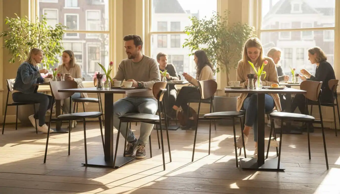 Super-Seat | Brown oak melamine table tops 67x67cm Brown oak melamine tables, black metal chairs, sunlight, green plants. | Hospitality Furniture