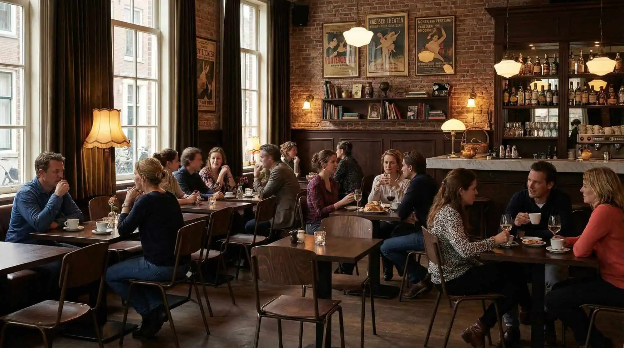 Super-Seat | Vanitas vintage school chairs brown with bronze frame Wooden tables, bronze-framed chairs, brick walls, warm atmosphere. | Hospitality Furniture