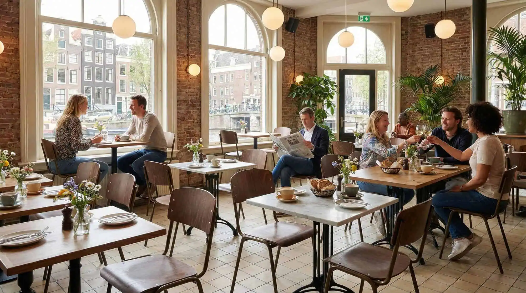 Super-Seat | Brown-bronze steel chairs, wooden tables, bar stools; brick walls and large windows. | Hospitality Furniture