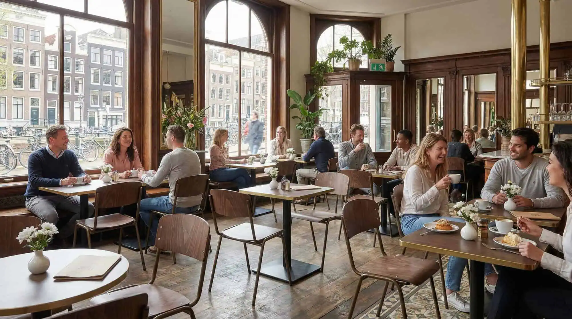 Super-Seat | Vanitas vintage school chairs Brown-bronze metal chairs, wood, light tables and wooden floor in a modern cafe with large windows. | Hospitality Furniture