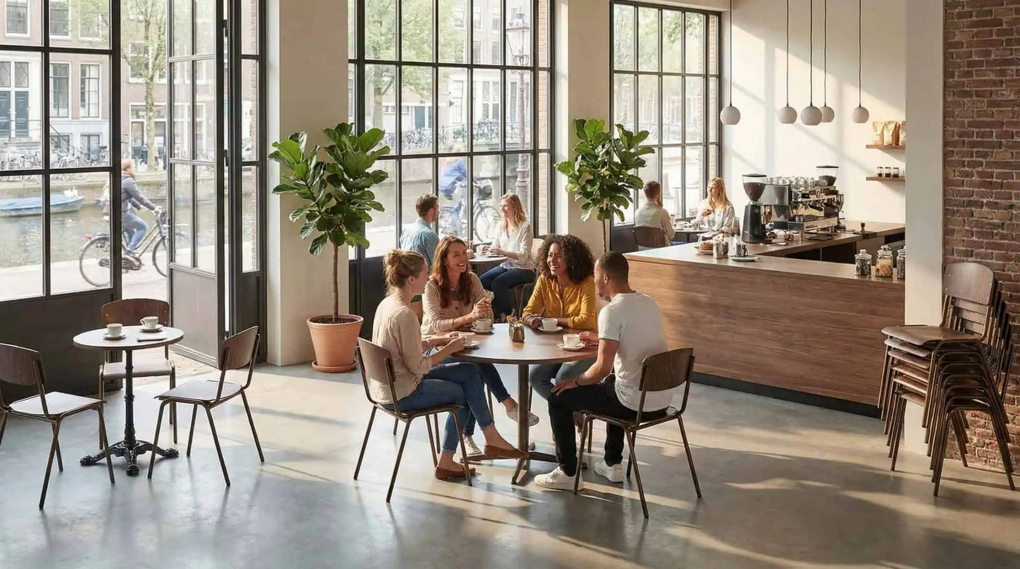Super-Seat | Four people on round table with Vanitas vintage school chairs, brown bronze frames, wood, light interior, large windows |. | Hospitality Furniture