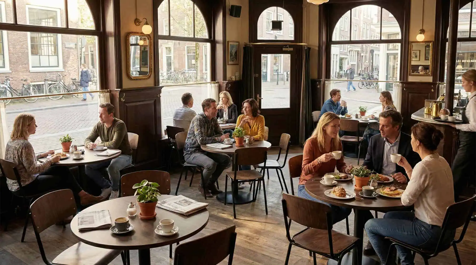 Super-Seat | Brown oak melamine table tops 67x67cm Oak tables and wooden chairs, plants on the table, sunny cafe, social atmosphere. | Hospitality Furniture