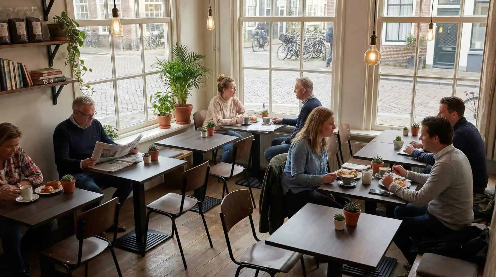 Super-Seat | Brown oak melamine table top 67x67cm Brown oak melamine tables, wooden chairs, bar stools, lots of natural light and plants in cafe. | Hospitality Furniture