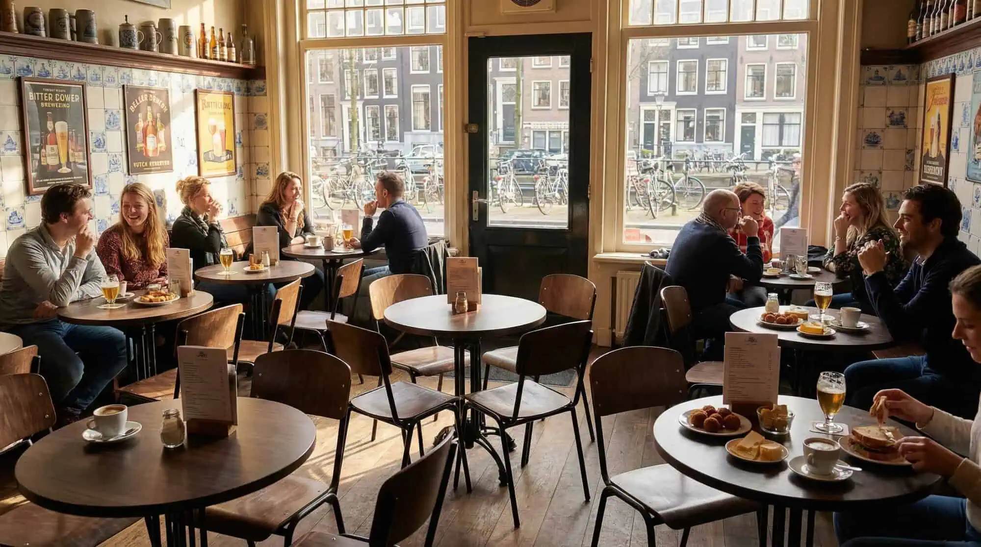 Super-Seat | Café Interior | Brown oak melamine tables, wood floors, tiles, posters; bikes outside, eating and drinking company inside. | Hospitality Furniture