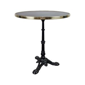 Super-Seat | Round table black top with gold trim, black base, metal, 3 legs. | Hospitality Furniture