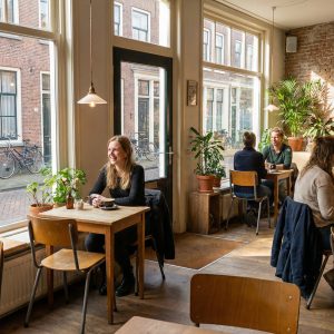Super-Seat | Ardell vintage wood anthracite school chairs | Dark wood tables, anthracite wood chairs, brick wall, large windows. | Hospitality Furniture