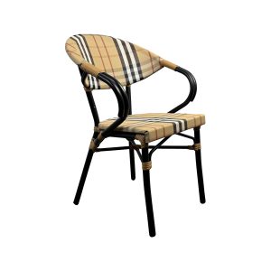 Super-Seat | Black metal chair, wooden seat, rattan armrests, beige checkered fabric. | Hospitality Furniture