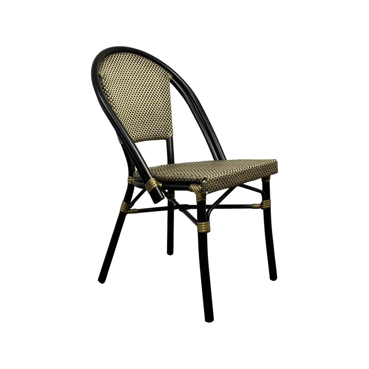 Super-Seat | Black metal chair with wooden curves, rattan seat and yellow accents. | Hospitality Furniture