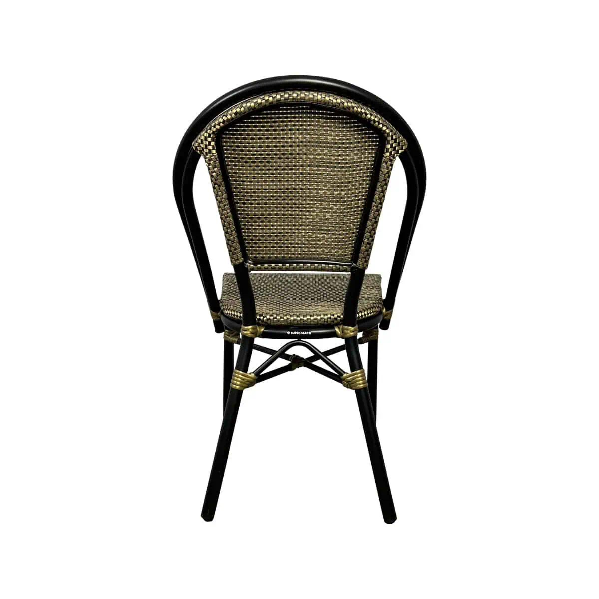 Super-Seat | Black metal chair with wooden frame, yellow accents, braided rug and seating area, rear view. | Hospitality Furniture