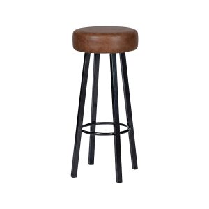 Super-Seat | Black metal bar stool, round brown leather seat, ring foot rest. | Hospitality Furniture