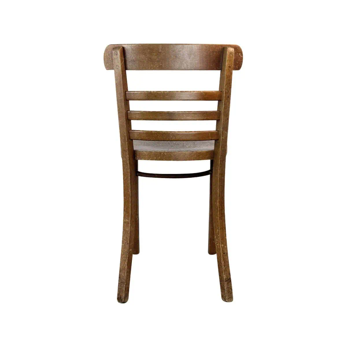 Super-Seat |Wood chair with curved rug, horizontal bars, wear visible, on white background. | Hospitality Furniture