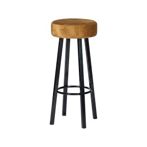 Super-Seat | Black metal bar stool, round footrest, green velour seat, white background. | Hospitality Furniture