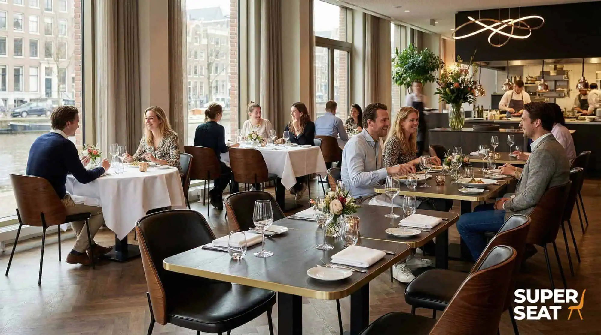 Super-Seat | Hospitality tables Urban melamine brass 67x67cm Brass melamine tables, white tablecloths, modern chairs, flowers on the table. | Hospitality Furniture