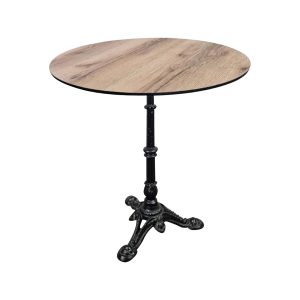 Super-Seat | Round wooden table with light brown top and black metal base, three decorative legs; on white background. | Hospitality Furniture