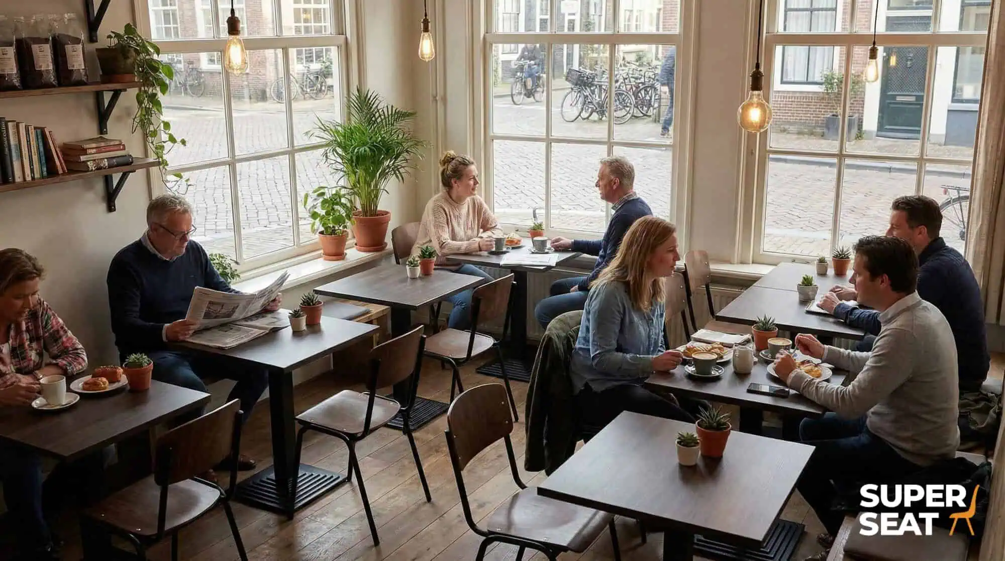 Super-Seat | Hospitality tables and chairs | Urban melamine brass tables, metal base; people eating, talking; green plants, SUPER SEAT text. | Hospitality Furniture