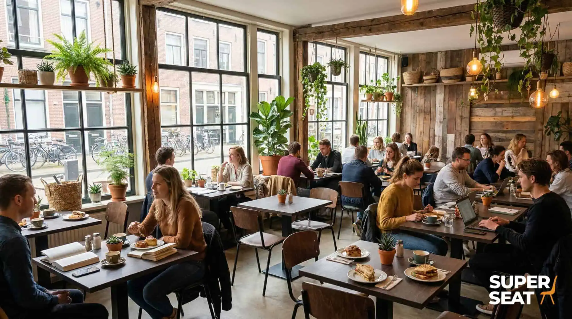 Super-Seat | Hospitality tables and chairs Gold Urban melamine tables, wooden chairs & Super Seat logo in bright, green café space. | Hospitality Furniture