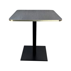 Super-Seat | Square table with dark wood top, metal edge, black metal leg and base; white background. | Hospitality Furniture