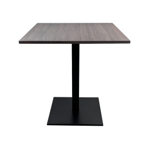 Super-Seat |Dark wood square table with black metal center leg on square base, set against white background. | Hospitality Furniture