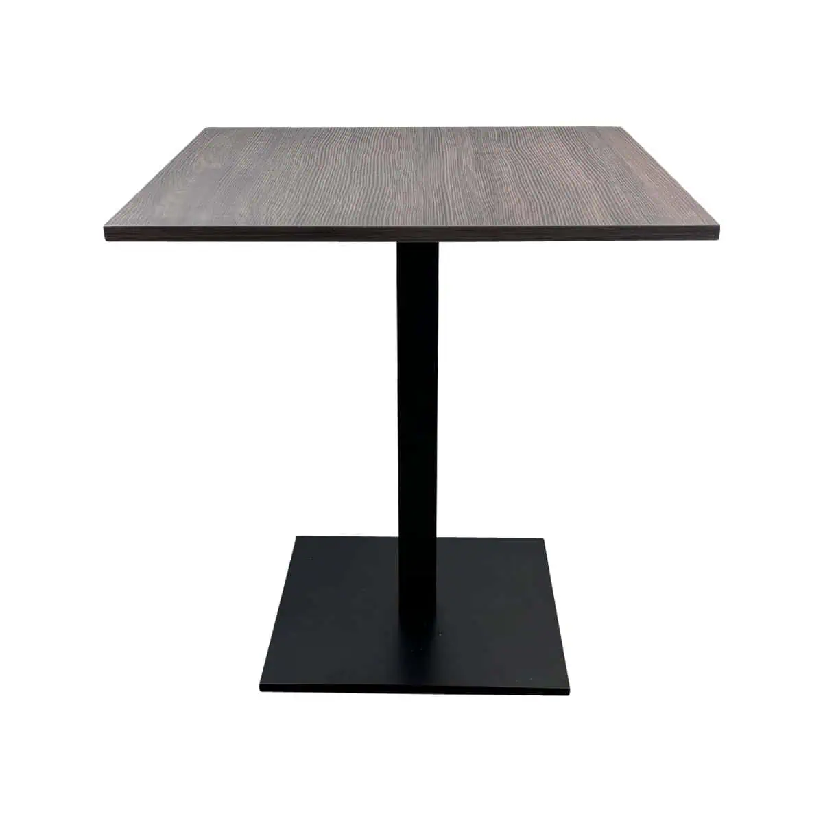 Super-Seat |Dark wood square table with black metal center leg on square base, set against white background. | Hospitality Furniture