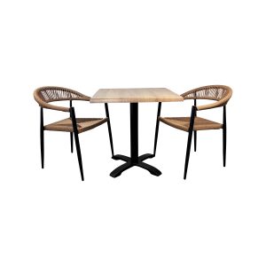 Super-Seat | Square wooden table with black metal leg, wicker chairs with black legs, white background. | Hospitality Furniture