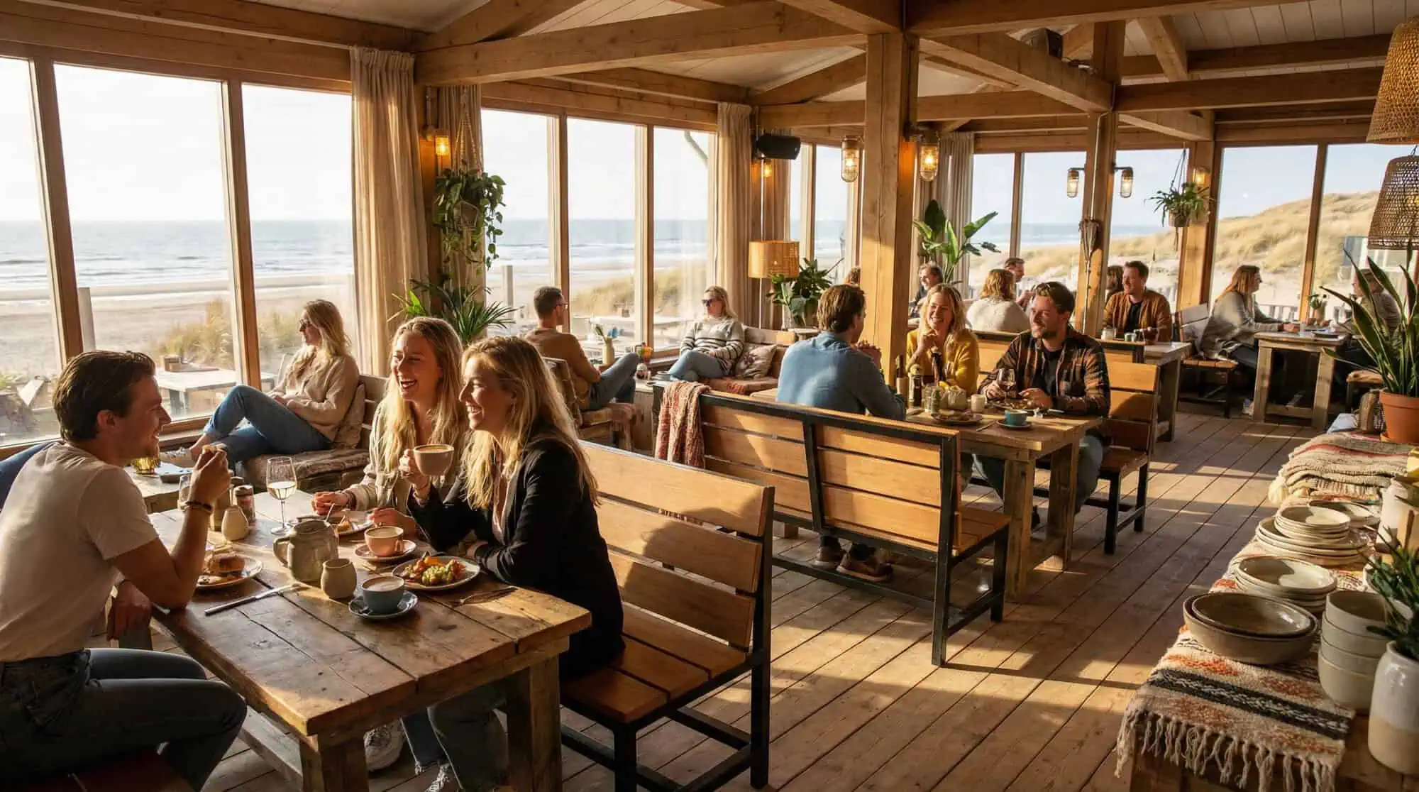 Super-Seat | Madrid Hospitality Terrace Benches 120cm Wooden tables and gray benches in sunny restaurant with plants and large windows. | Hospitality Furniture