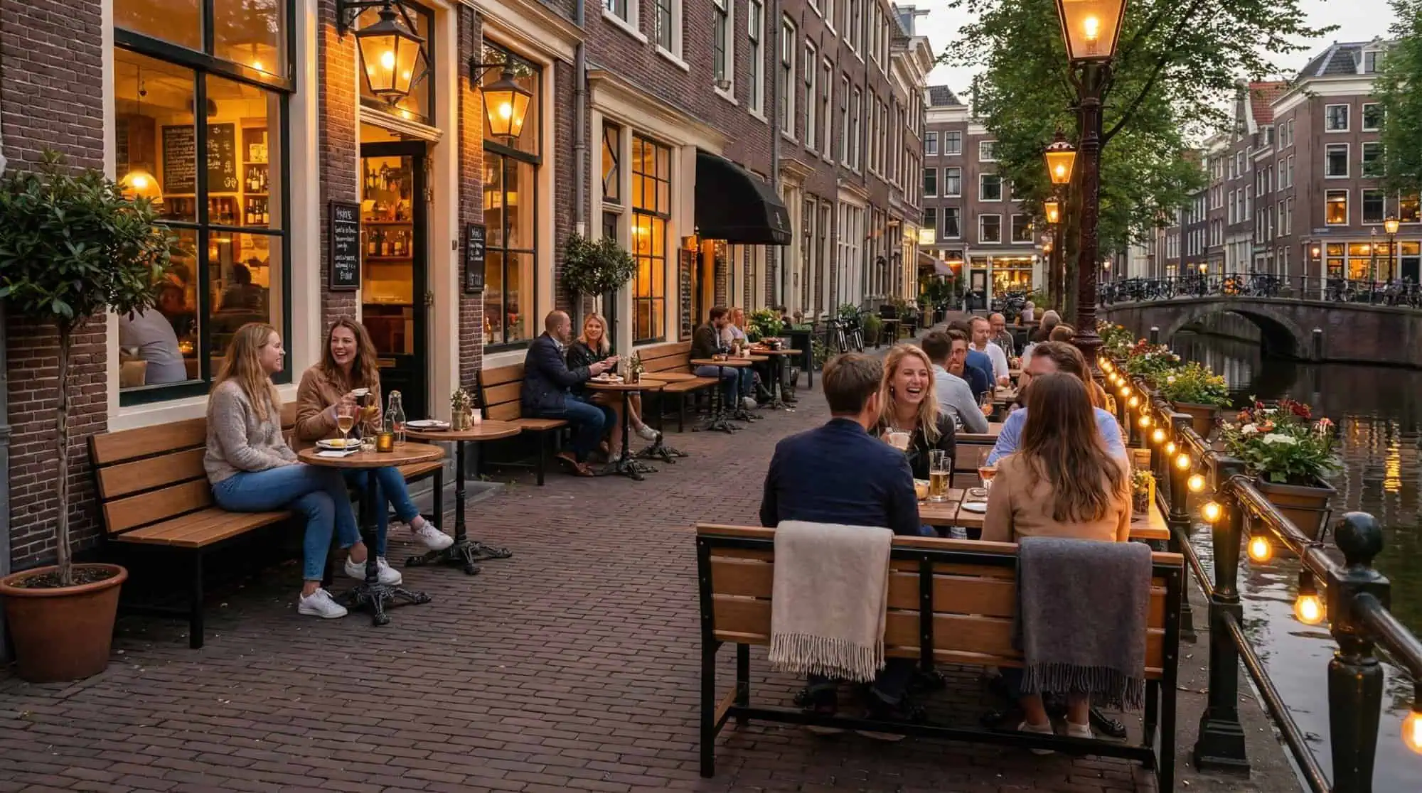 Super-Seat | Madrid hospitality patio benches inspiration | Outside on gray metal benches with wooden seat, around tables next to a canal in atmospheric light. | Hospitality Furniture