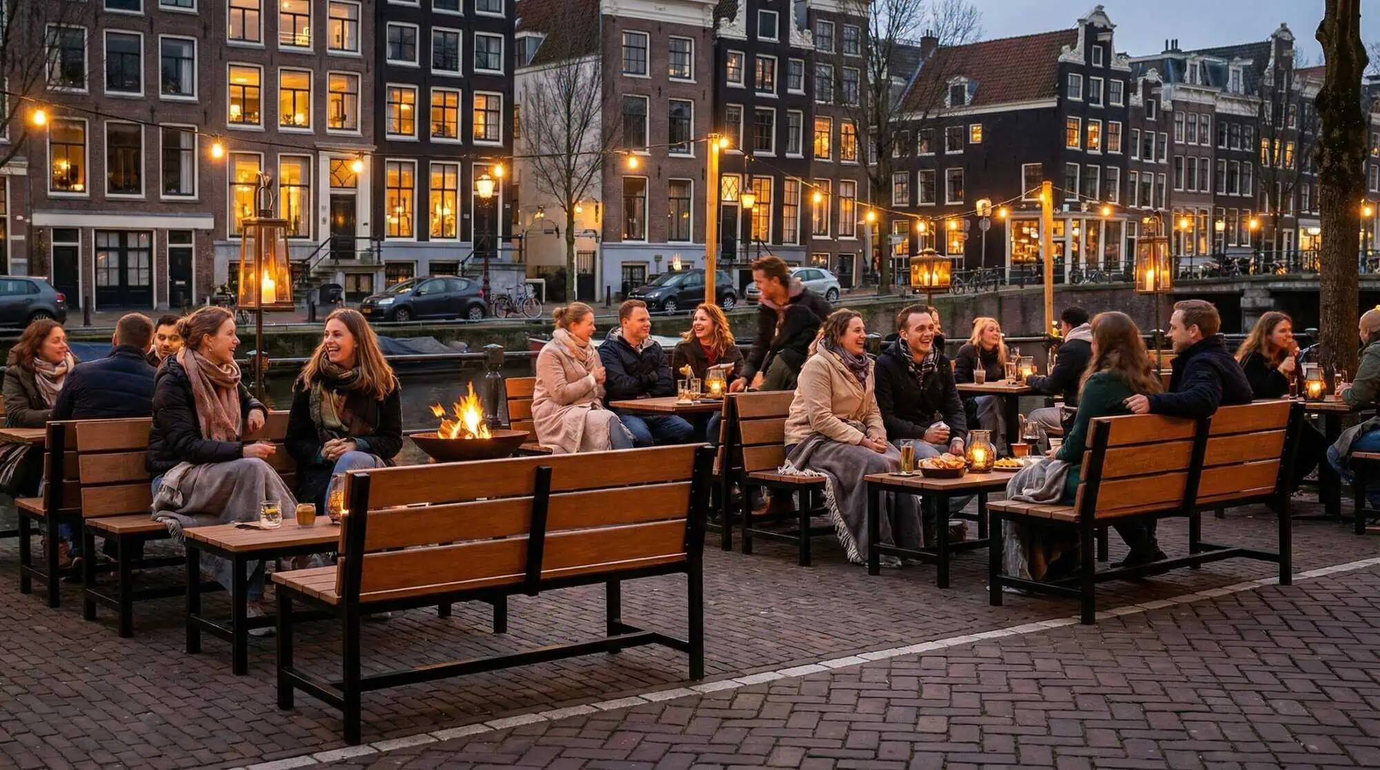 Super-Seat | Wooden benches, metal tables; warm atmosphere with lights along the canal. | Hospitality Furniture