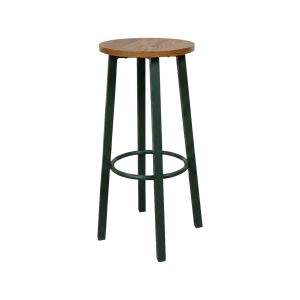 Super-Seat | Minimalist bar stool with round wooden seat, dark green metal legs and metal footrest. | Hospitality Furniture