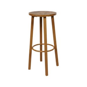 Super-Seat |Barkstools Wooden bar stool with round seat, three angled legs and circular footrest, on white background. | Hospitality Furniture