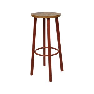 Super-Seat | Bar Stools and Tables Bar stool with wooden seat, red metal legs, round metal footrest; white as background. | Hospitality Furniture