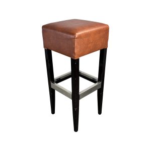 Super-Seat |Barkstools High bar stool with brown leather seat, black wooden legs and metal footrests, on white background. | Hospitality Furniture