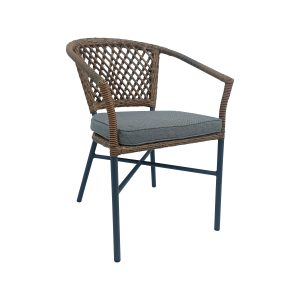 Super-Seat | Rieten stoel met gebogen, open rugleuning, armleuningen, grijze zitting en donkerblauwe metalen poten. | Horecameubilair