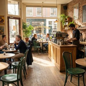 Super-Seat | Wooden tables, green wooden chairs, brick walls and wooden floor in café. | Hospitality Furniture
