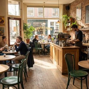 Super-Seat | Wooden tables, green wooden chairs, brick walls and wooden floor in café. | Hospitality Furniture