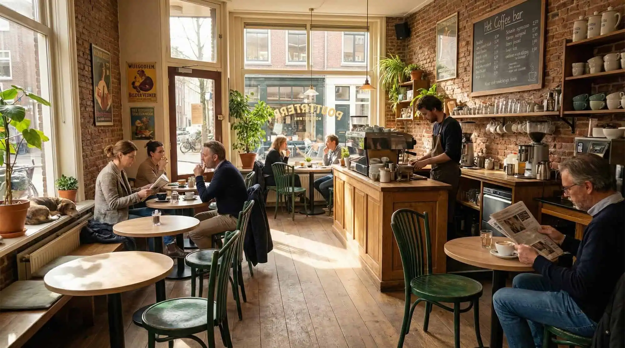 Super-Seat | Wooden tables, green wooden chairs, brick walls and wooden floor in café. | Hospitality Furniture