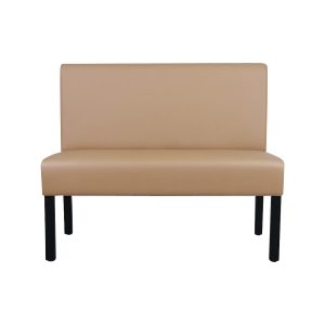 Super-Seat | Light beige fabric sofa with straight back and seat, four black metal legs, white background. | Hospitality Furniture