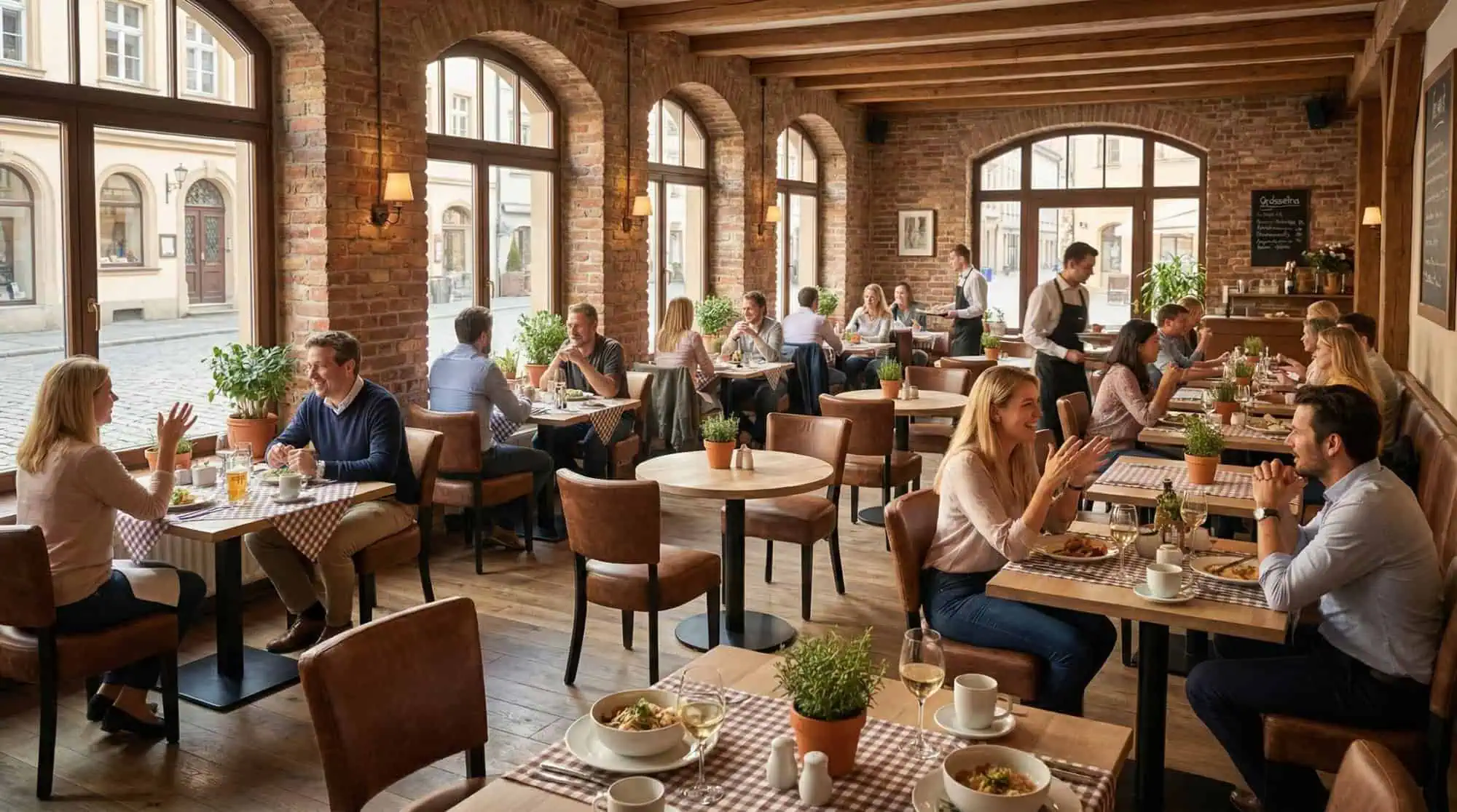 Super-Seat |Restaurant Interior Ideas Wooden chairs, white tables with red and white checkered cloth, metal bar stools, plants. | Hospitality Furniture