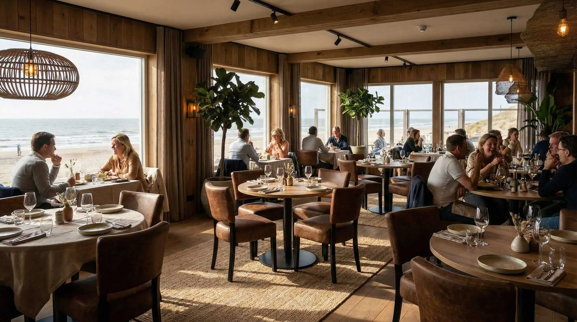 Super-Seat | A restaurant with wooden walls, large windows. Wooden chairs and tables, metal bar stools; lots of light, plants. | Hospitality Furniture