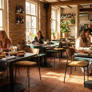 Super-Seat | Restaurant Interior Wooden tables, black chairs, metal bar stools and picnic tables between brick walls and windows. | Hospitality Furniture